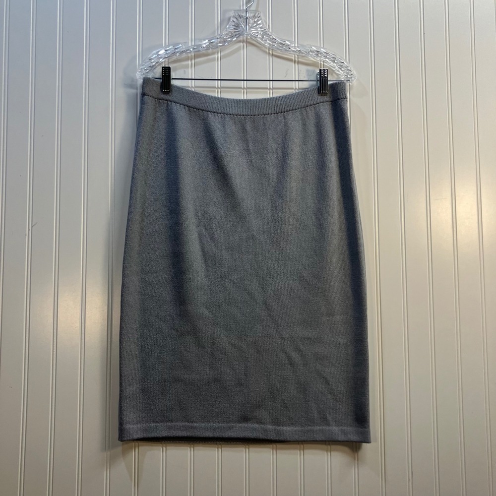 St John Evening Marie Gray Blue Gray Santana Knit Pencil Skirt Luxury Size 12